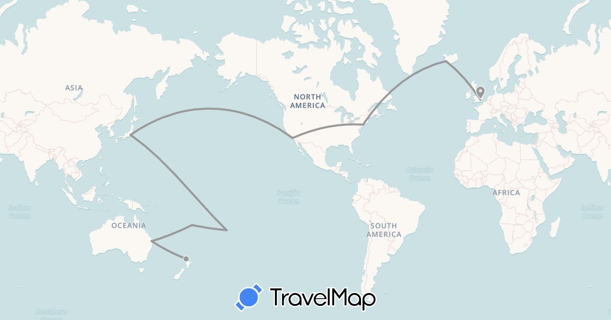 TravelMap itinerary: driving, plane in Australia, Cook Islands, Fiji, United Kingdom, Iceland, Japan, New Zealand, United States (Asia, Europe, North America, Oceania)