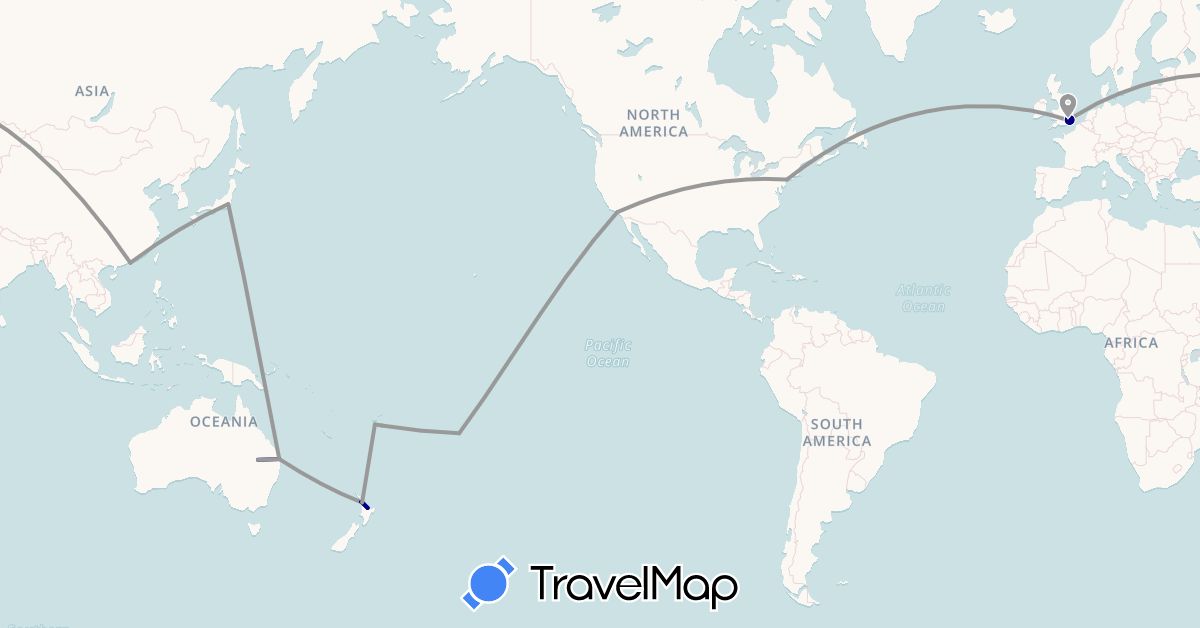 TravelMap itinerary: driving, plane in Australia, Cook Islands, China, Fiji, United Kingdom, Japan, New Zealand, United States (Asia, Europe, North America, Oceania)